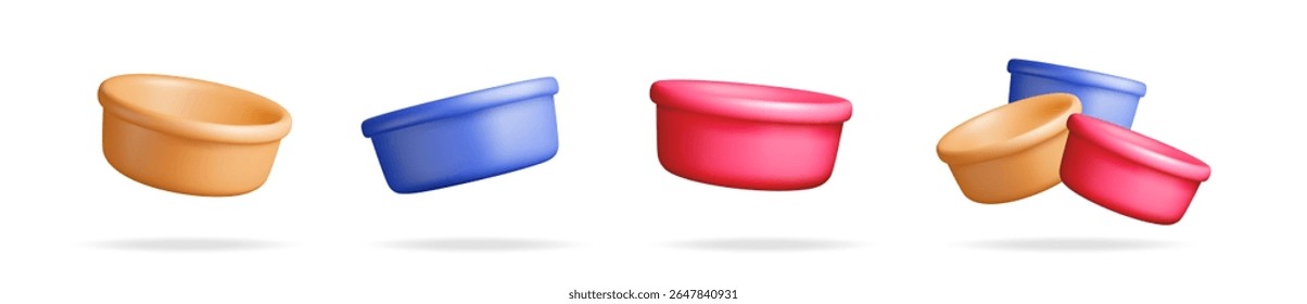 3D set of wash water basin isolated on white. Render collection of baby bath basin icon. Design concept for container or kitchenware.