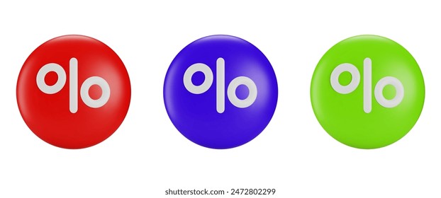 3d set of white percent discount on red, blue and light green round shape. Stock vector illustration on isolated background.