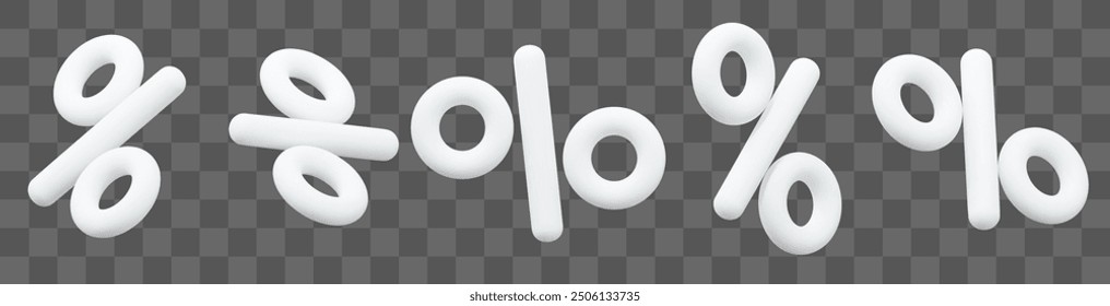 3d set of white percent signs discount with different angles. Voucher gift. Stock vector illustration on isolated background.