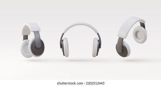 3d pone auriculares blancos realistas aislados en fondo blanco. Tecnología de dispositivos musicales. Ilustración vectorial.