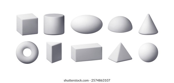 3d set of white simple figures isolated. Render basic geometric shapes icons. Cone, cube, cuboid, pyramid, cylinder, sphere, ellipse, ring. Voluminous geometry figures elements. Vector illustration