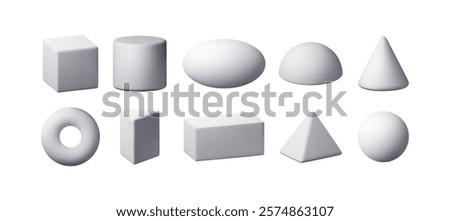 3d set of white simple figures isolated. Render basic geometric shapes icons. Cone, cube, cuboid, pyramid, cylinder, sphere, ellipse, ring. Voluminous geometry figures elements. Vector illustration