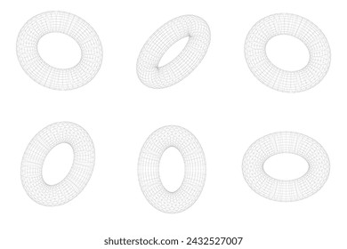 3d set of wireframe torus. 3d geometric forms with different angles view. Stock vector illustration on isolated background.