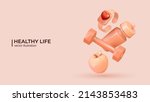 3d set of wireless smart watch with red heart and sport equipment. Realistic fitness inventory, gym accessories in trendy colors. Dumbbell, fitness tracker and water bottle. Healthy lifestyle concept