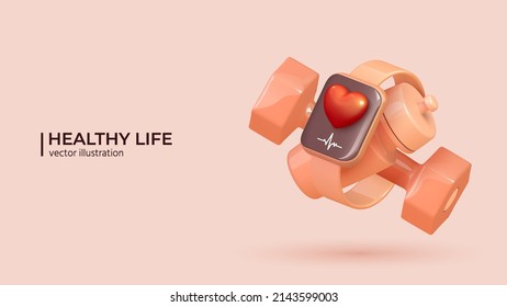 3d set of wireless smart watch with red heart and sport equipment. Realistic fitness inventory, gym accessories in trendy colors. Dumbbell, fitness tracker and water bottle. Healthy lifestyle concept
