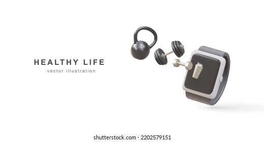 3d set of wireless smart watch  and sport equipment. Realistic fitness inventory, gym accessories. Dumbbell, fitness tracker and bottle. Healthy lifestyle concept. Vector illustration.