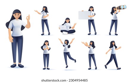 3D Set of a woman in casual clothes in different poses. A character for your project. Vector illustration in a 3D cartoon style