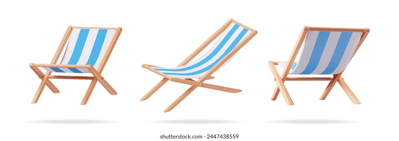 3D Set of Wooden Chaise Lounge Isolated. Render Collection of Sun Lounger, Deckchair, Sunbed, Beach Chair. Wood Striped Deck for Sunbathing on Vacation. Vector Illustration