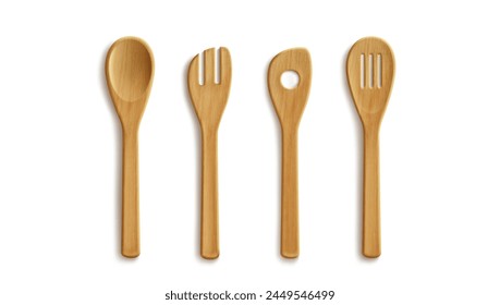 3D set of wooden kitchen utensils isolated on white background. Vector realistic illustration of yellow spoon and spatula, reusable tableware made of organic material, restaurant cooking tools