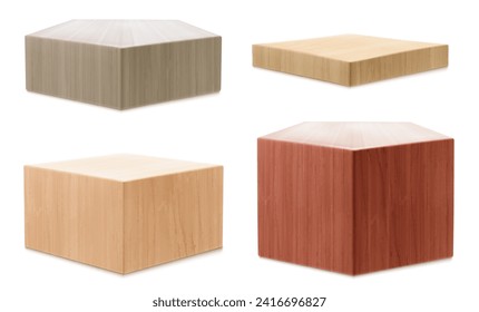 3D set of wooden platforms isolated on white background. Vector realistic illustration of square and pentagonal stages for beauty product presentation, award design, showcase stand, furniture material