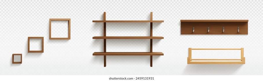 3D set of wooden shelves isolated on transparent background. Vector realistic illustration of blank decorative square frames, wall shelf, hanger with hooks, home furniture, interior design elements