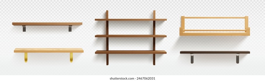 3D set of wooden shelves isolated on transparent background. Vector realistic illustration of blank decorative square frames, wall shelf, hanger with hooks, home furniture, interior design elements