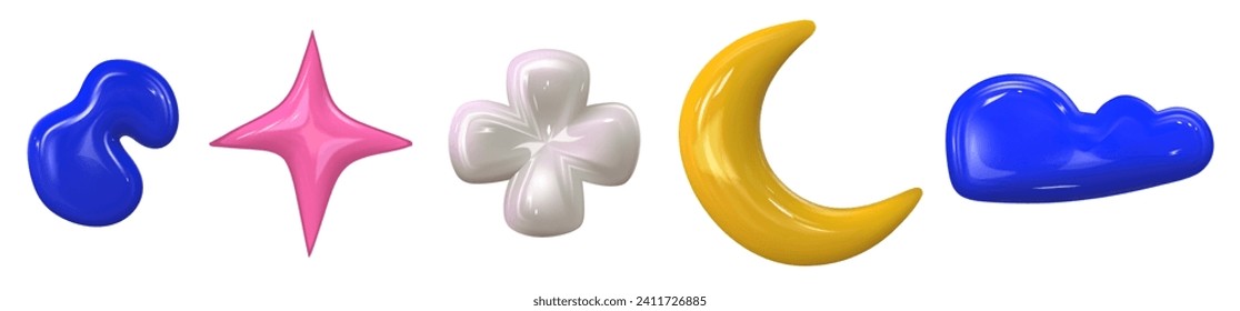 3d set y2k colorful glossy plastic element set. Abstract shape plastic render. Y2K form moon, star and flower. Vector illustration 3d render.