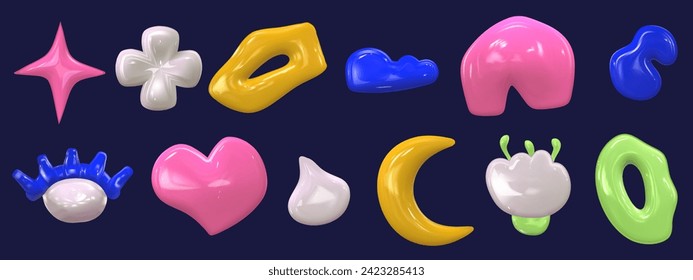 3d set y2k colorful glossy plastic element set. Abstract shape plastic render. Y2K form heart, star and flower. Vector illustration 3d render.