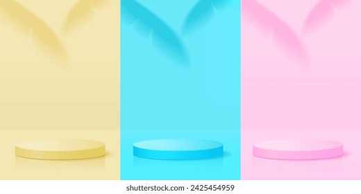 3D-Set aus Gelb, Blau, Rosa. Realistischer Podiumhintergrund für Produktpräsentation mit Blattschatten im Hintergrund.