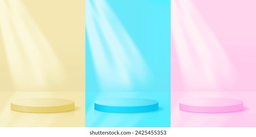 3d conjunto de amarillo, azul, rosa. fondo de podio realista con luz brillante para la presentación del producto.