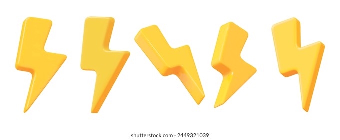 3d set of yellow charger symbol with rotation. Yellow sign thunder. Symbol of energy, danger. Minimalistic electrical discharge. Stock vector illustration on isolated background.	
