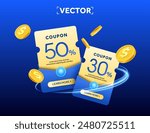 3d set of yellow coupon wrapped with an blue envelope, abstract wave, CTA button, isolated on background. Coupon code with percentage off. Discount voucher giveaway banner template. 3d Vector.