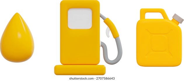 3d set estación de bomba de gas amarillo, gota, bote de aceite, combustible. Ilustración vectorial de stock sobre fondo aislado.