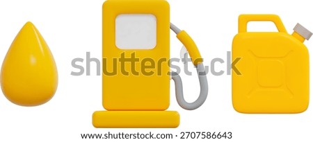3d set yellow gas pump station, drop, canister for oil, fuel. Stock vector illustration on isolated background.