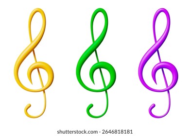 3d set yellow, green, purple treble clef. Music icon for design. Stock vector illustration on isolated background.