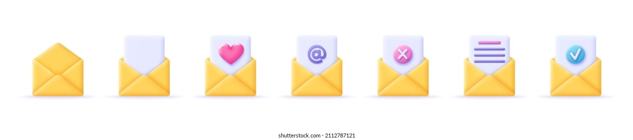 3D-Satz von Gelb nicht öffnen Umschläge Symbole. Eingehende Mail-Benachrichtigungen, Newsletter und Online-E-Mail-Konzept. Render Umschläge Tasten mit Häkchen, Kreuz, Herz. 3D-realistische Vektorgrafik