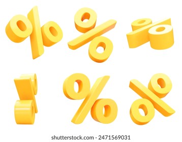 3D-Satz von gelben Prozent Zeichen Rabatt mit verschiedenen Winkeln. Gutschein-Geschenk. Vektorillustration des Bestands auf isoliertem Hintergrund.	
