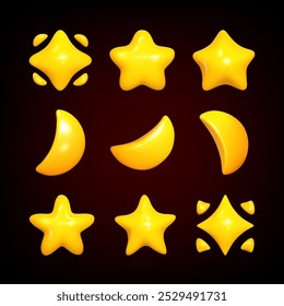 3d definir estrelas e luas de plástico amarelo. Design de símbolo 3D realista para cassino e jogo