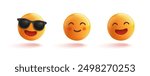 3D set of yellow positive emoticons with happy facial expressions. Set for advertising concepts on a white background. Vector illustration.