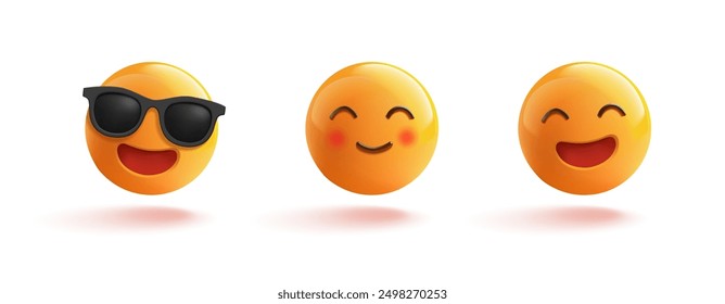 Conjunto 3D de emoticonos amarillos positivos con expresiones faciales felices. Set para conceptos publicitarios sobre un fondo blanco. Ilustración vectorial.