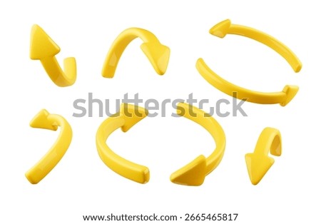 3d set of yellow round arrows. .Infographic or business concept. Arrows pointing in different directions. Vector illustration isolated on white background.