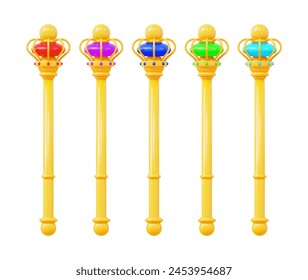 3d set of yellow royal regal scepters. Cartoon style. Vector illustration on isolated background.