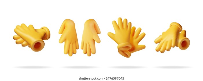 3d set of yellow rubber gloves isolated on white. Render collection of latex gloves icon. Hygiene, cleaning, wash, housekeeping work. Work and protective equipment. Vector illustration