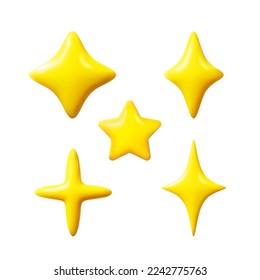 3D set of yellow stars of different shapes isolated on white background. Vector illustration.