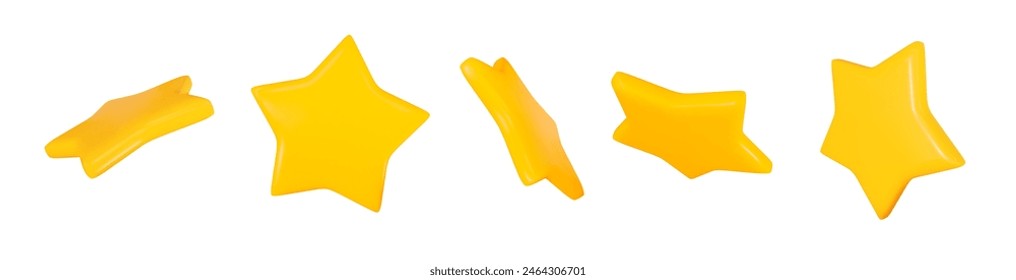 3d set of yellow stars with different angles. Stock vector illustration on isolated background.