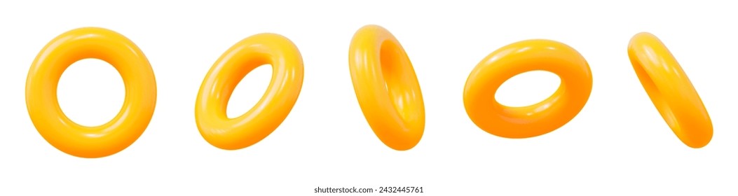 3D-Satz von gelben Torus-Symbol oder Symbol mit verschiedenen Winkeln. Geometrie Figur für Formular. Stockvektordarstellung auf isoliertem Hintergrund.