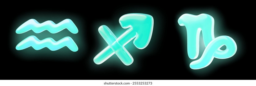 Conjunto 3D de iconos de signo del zodiaco. Acuario, Sagitario, Capricornio. Horóscopo. Astrología. Símbolos fluorescentes brillantes. Elementos de plástico o vidrio. Ilustración vectorial aislada sobre fondo negro.