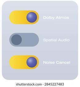 3D Settings Toggle Switches for Audio Features with Dolby Atmos Spatial Audio and Noise Cancellation