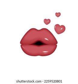 3D labios rojos sexy y tres corazones. Los brillantes labios realistas de las mujeres sobre fondo blanco.  Objetos de decoración de diseño. Ilustración vectorial.