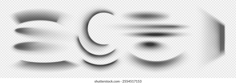 3d shade box effect. Realistic black vector shadow. Soft gradient ellipse border isolated mockup template. Transparent graphic line edge for round package on wall surface. Gray diffused frame design