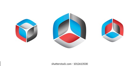 3d shaded boxes or cubes showing integration of pieces and symmetrical shapes. Connected vector abstract shapes for icon set or technology logo.