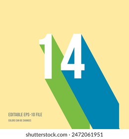 Dígito de sombra 3d, número o dígito 14, 14º aniversario, fuente isométrica tipo de pantalla. Tipografía diseño minimalista. Ilustración vectorial eps.