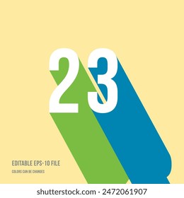 Dígito de sombra 3d, número o dígito 23, 23 aniversario, fuente isométrica tipo de pantalla. Tipografía diseño minimalista. Ilustración vectorial eps.