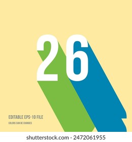 Dígito de sombra 3d, número o dígito 26, 26 aniversario, fuente isométrica tipo de pantalla. Tipografía diseño minimalista. Ilustración vectorial eps.