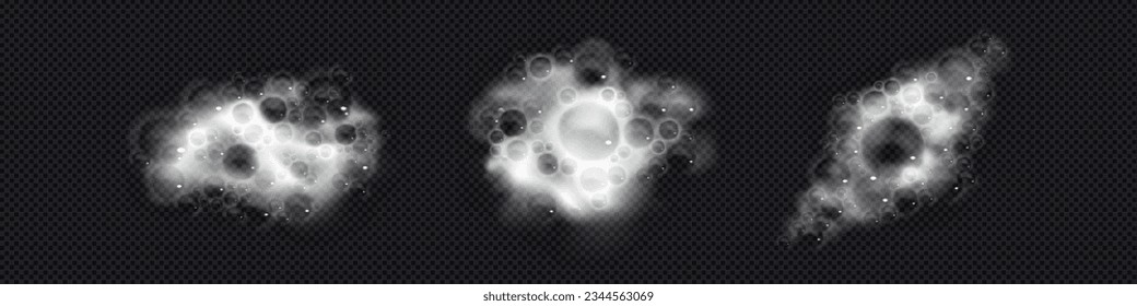 3d shampoo soap sud and bubble isolated vector set. Realistic soapy detergent bath texture design illustration. Cosmetic mousse abstract cloud transparent shape. Liquid shaving gel clipart elements