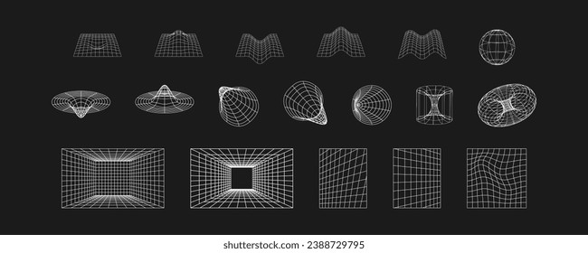 3D shape cyber geometric meshes set. Black and white retro futuristic background. Abstract vector illustration