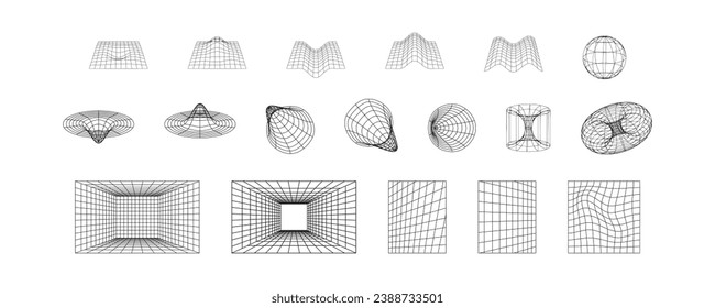 3D shape cyber geometric meshes isolated set icon. Black and white retro futuristic background. Abstract vector illustration