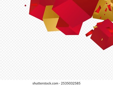 3d Shape Fly Party Vector Transparent Background. Gold and Red Element Falling Abstract Banner. Yellow Square Geometric Design. Realistic Cube Glitter Wallpaper.