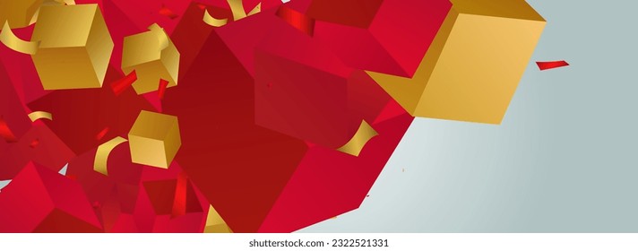 3d Shape Flying Realistic Vector Panoramic Grey Background. Orange Element Fly Technology Illustration. Gold and Red Box Metal Banner. Fashion Cube Geometric Design.