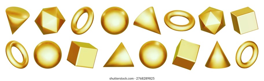 3d shape of gold abstract figure, sphere and cube render. Geometric metal element of yellow ring ball, pyramid circle cylinder. Glossy gradient on hologram y2k sticker. Solid golden simple game prism